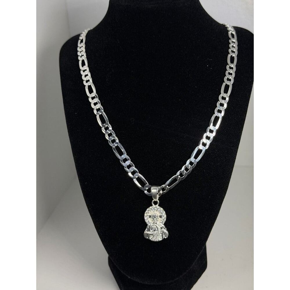 925 Sterling Silver Figaro Chain 22 Inch 7.6mm Jesus Pendant Necklace 34g Italy